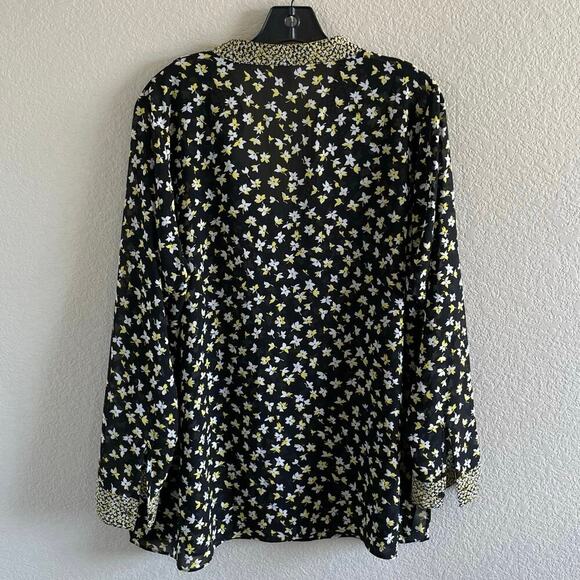 Michael Michael Kors Lillies Split Neck Blouse Black Yellow Sz 1X - Picture 3 of 7